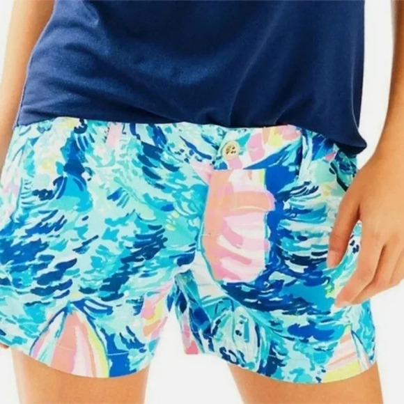 Lilly Pulitzer Callahan Sparkling Blue Hey Bay Sailboat Twill Shorts Sz. 00 XS - Picture 1 of 8